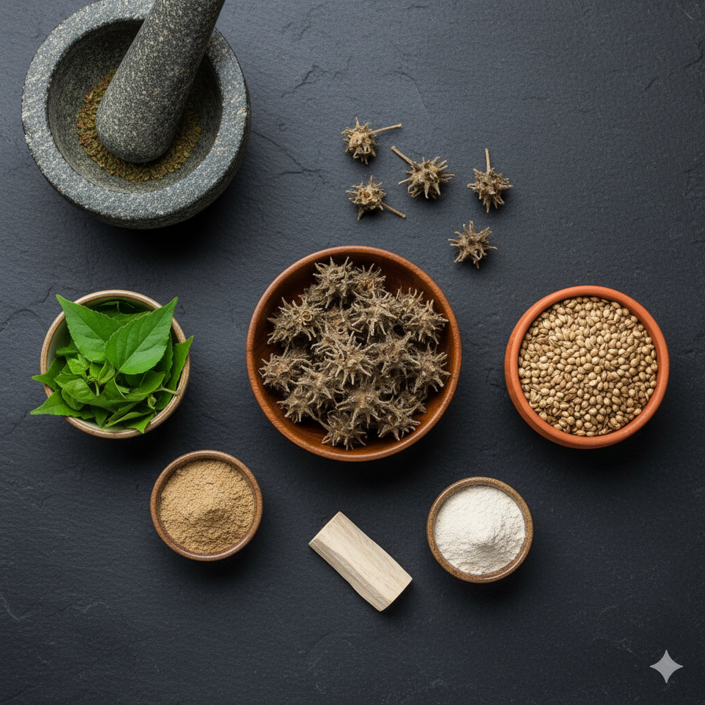 Powerful Ayurvedic herbs for UTI relief by ayurvedic doctor jigar gor: Gokshura, Punarnava, Sandalwood, and Coriander arranged in a flat lay.