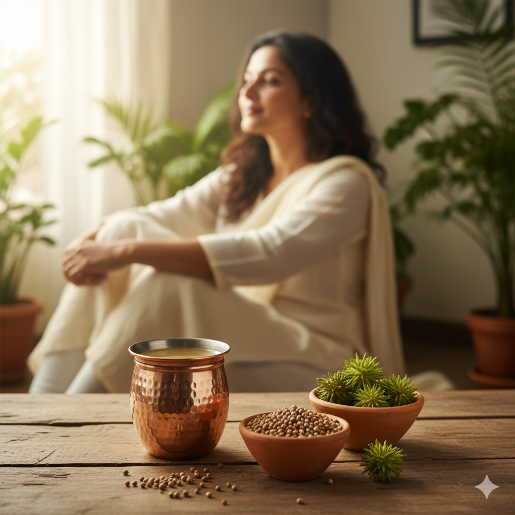 Holistic Ayurvedic treatment by ayurveda expert dr jigar gor for UTI with Gokshura, coriander seeds, and a copper glass of water for natural healing.